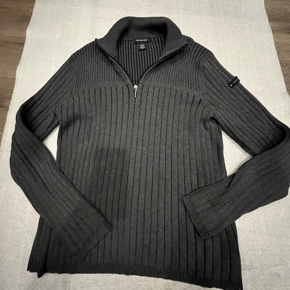 [M]Calvin Klein Jeans Gray Zip Up Ribbed Cotton Knit Sweater 1/4 Zip